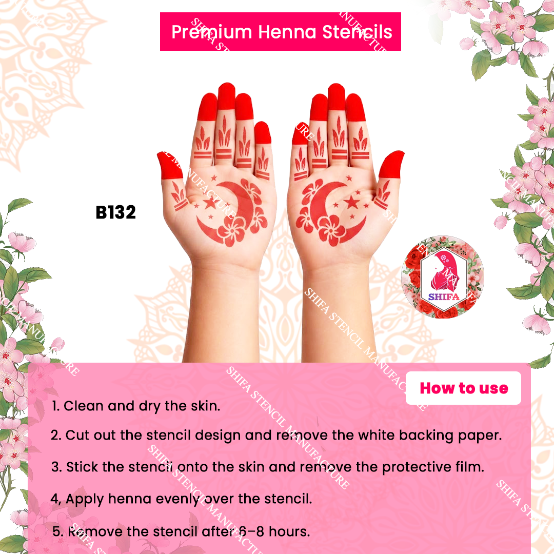 B132 (age 5 to 10) Starlit Crescent Bloom double hand Henna Stencil
